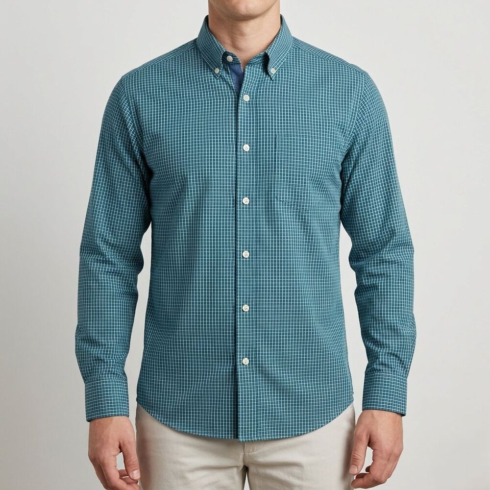 Mason James Mens Small Button Down Shirt Green White Graph Check Tattersal